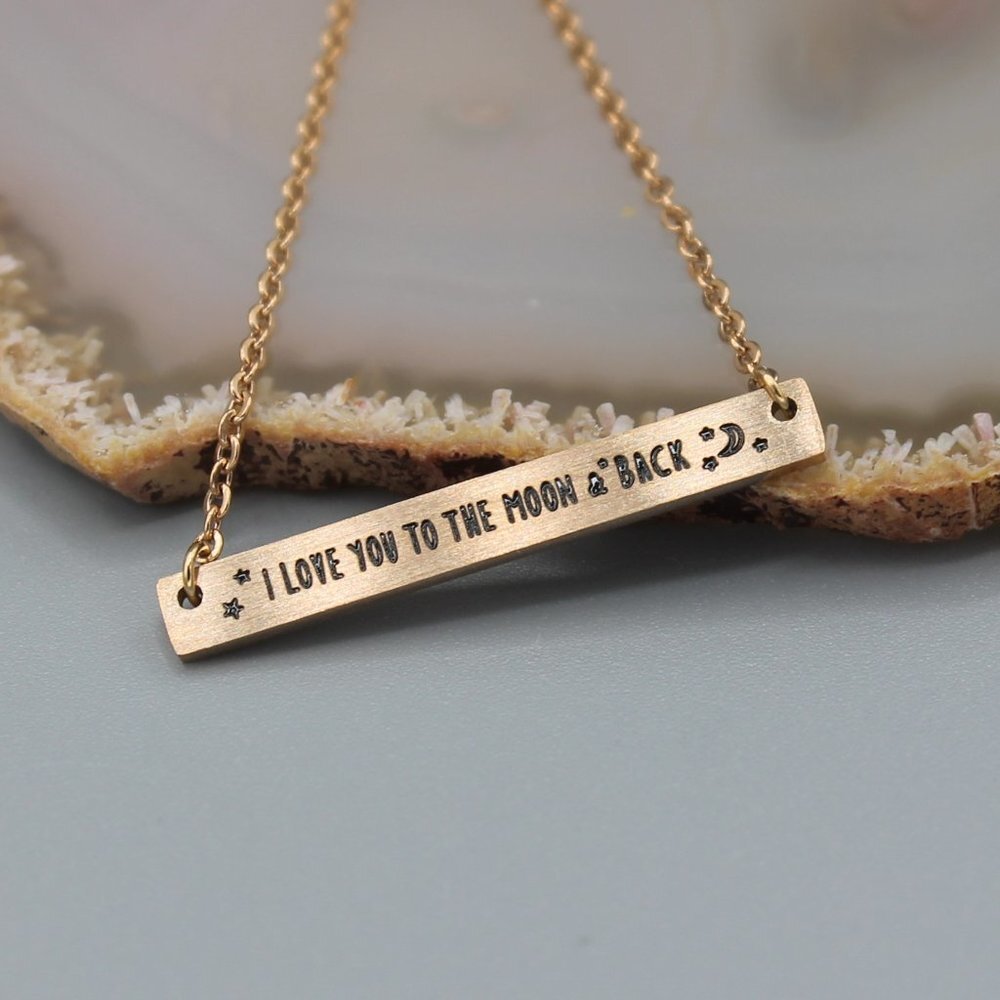 Necklace jewelry I Love You to the moon and back rose gold tone bar pendant